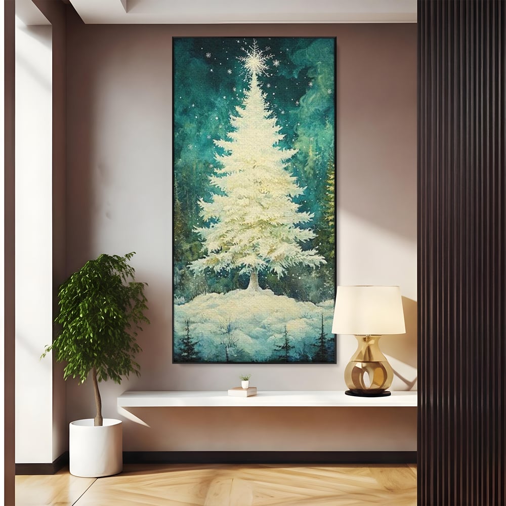 Tablou canvas cu pictura cu brad alb inzapezit, in rama de aluminiu negru